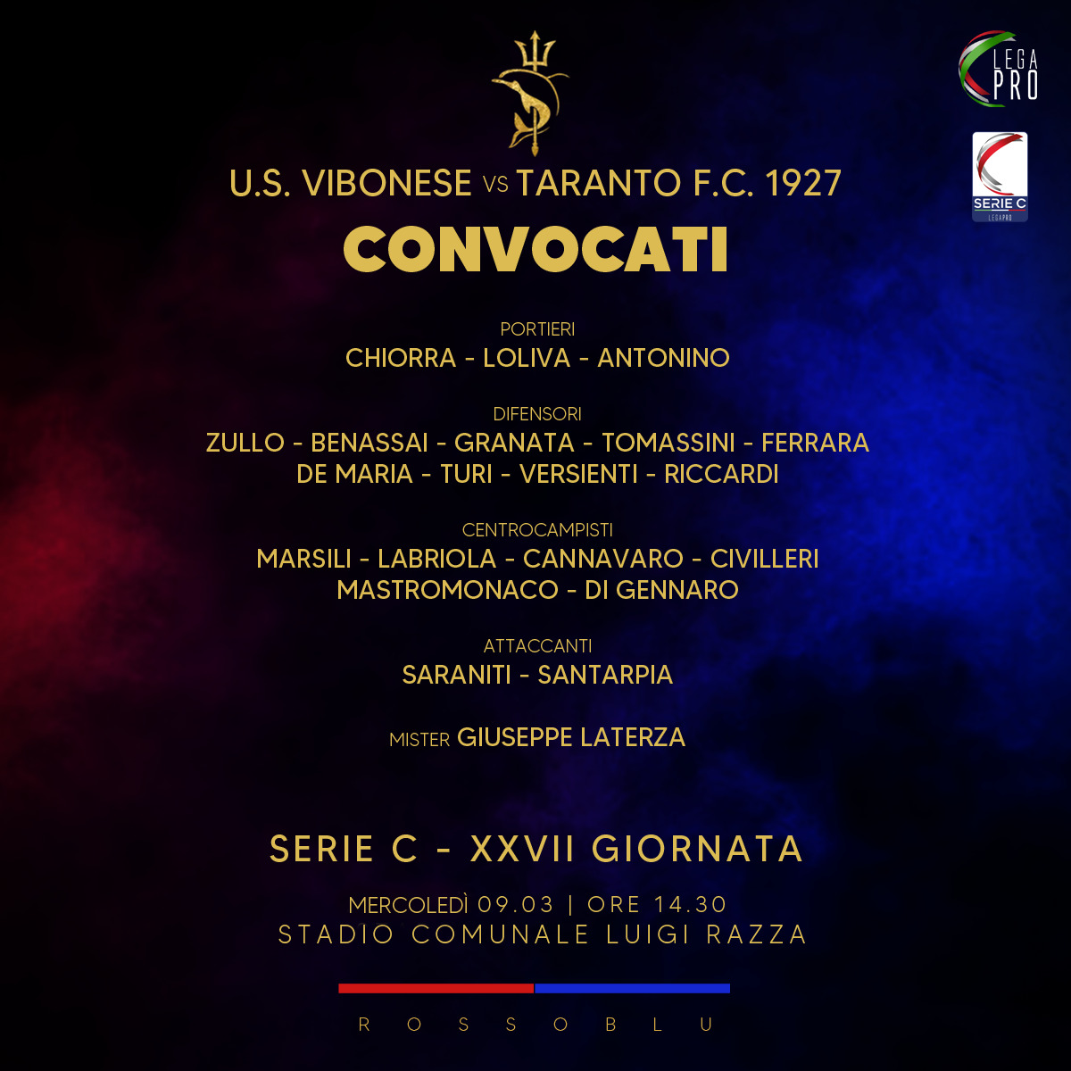 U.S Vibonese-Taranto FC: i convocati