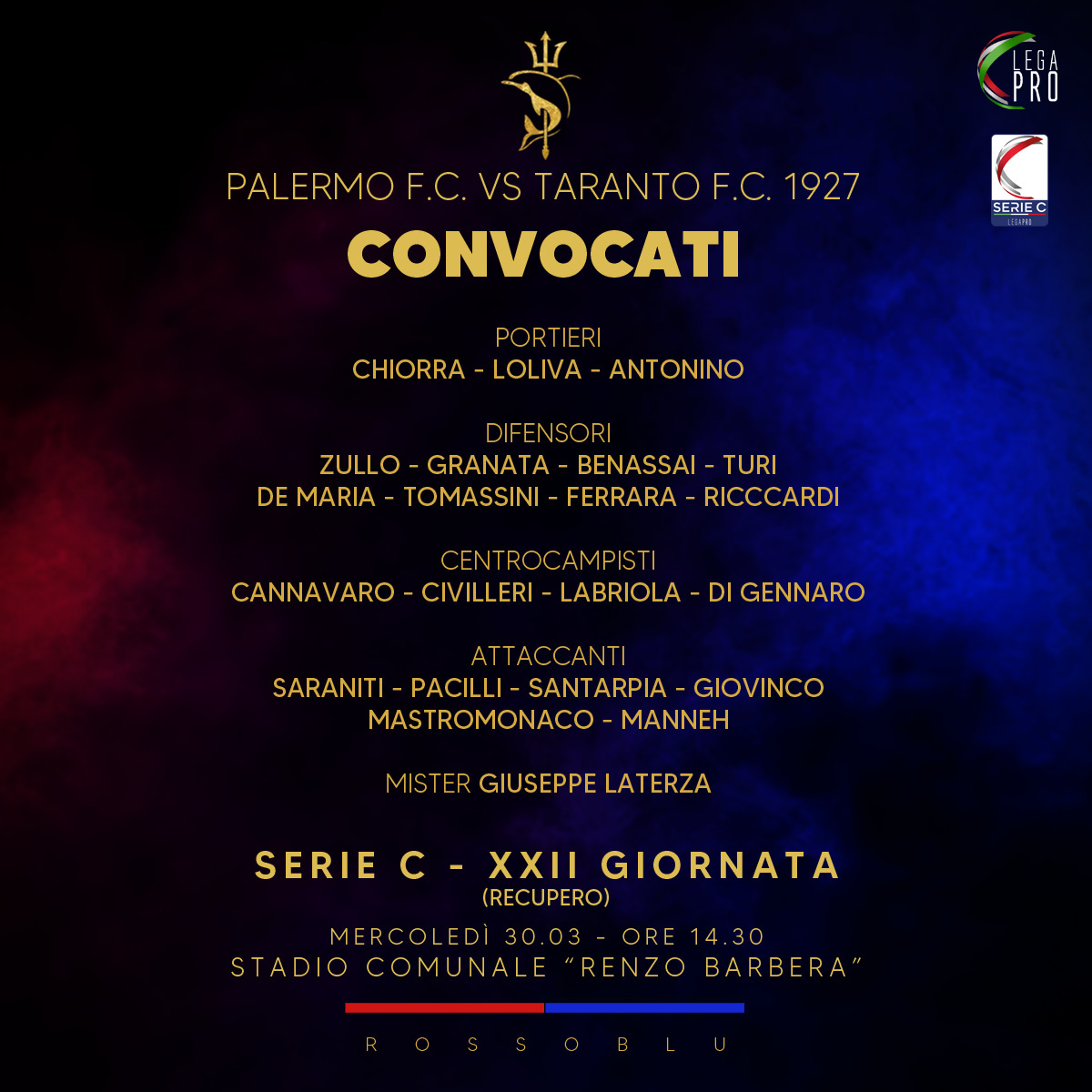 Palermo F.C-Taranto F.C: i convocati