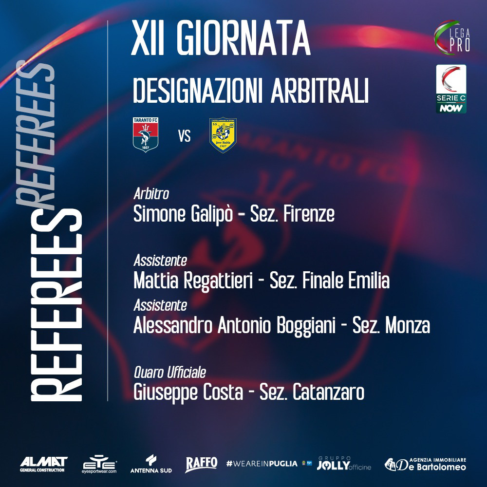 DESIGNAZIONI ARBITRALI – XII GIORNATA