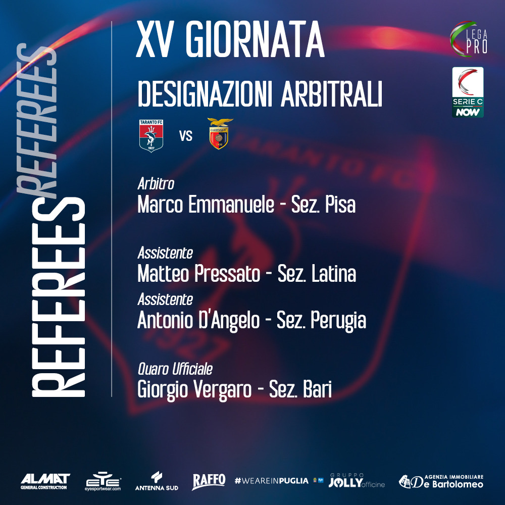 DESIGNAZIONI ARBITRALI – XV GIORNATA