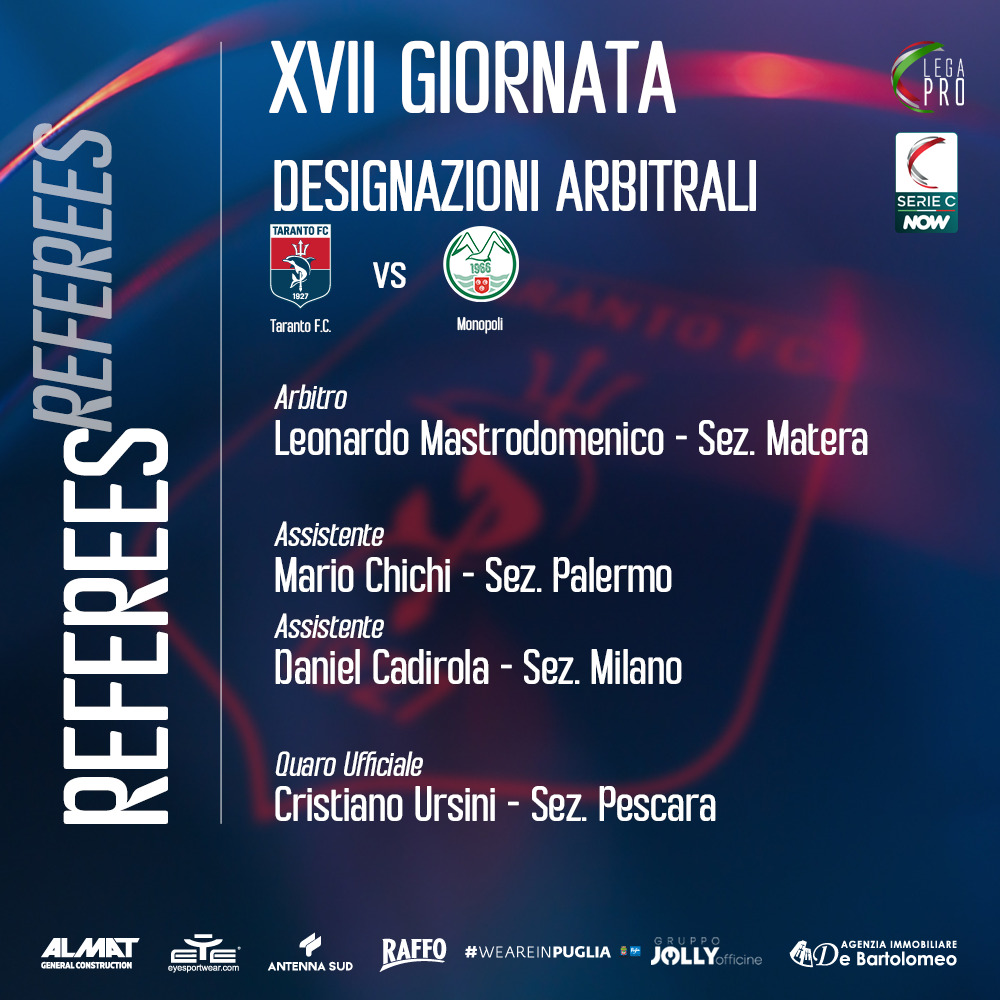 DESIGNAZIONI ARBITRALI – XVII GIORNATA