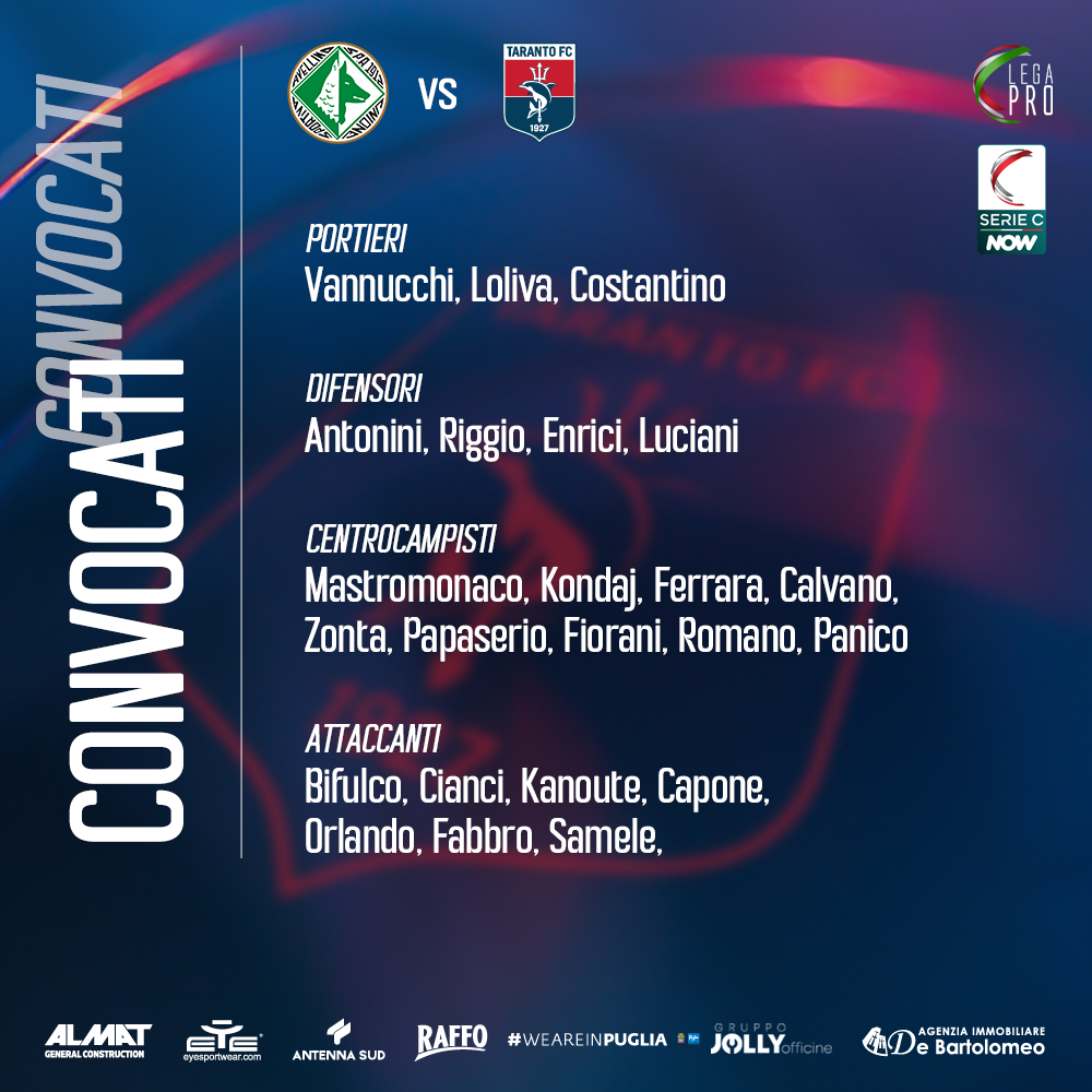 I CONVOCATI ROSSOBLÙ PER AVELLINO-TARANTO
