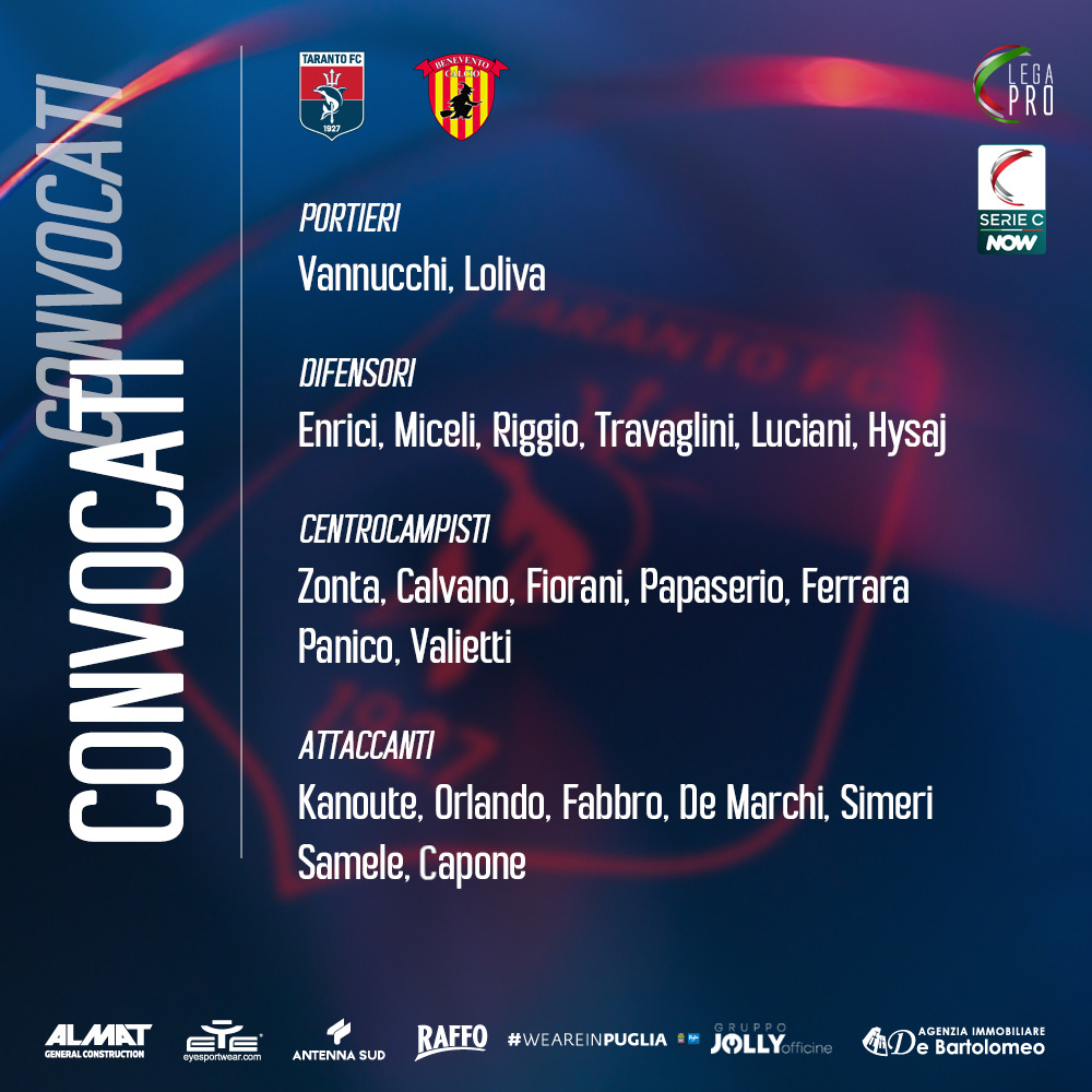 I CONVOCATI ROSSOBLÙ PER TARANTO-BENEVENTO