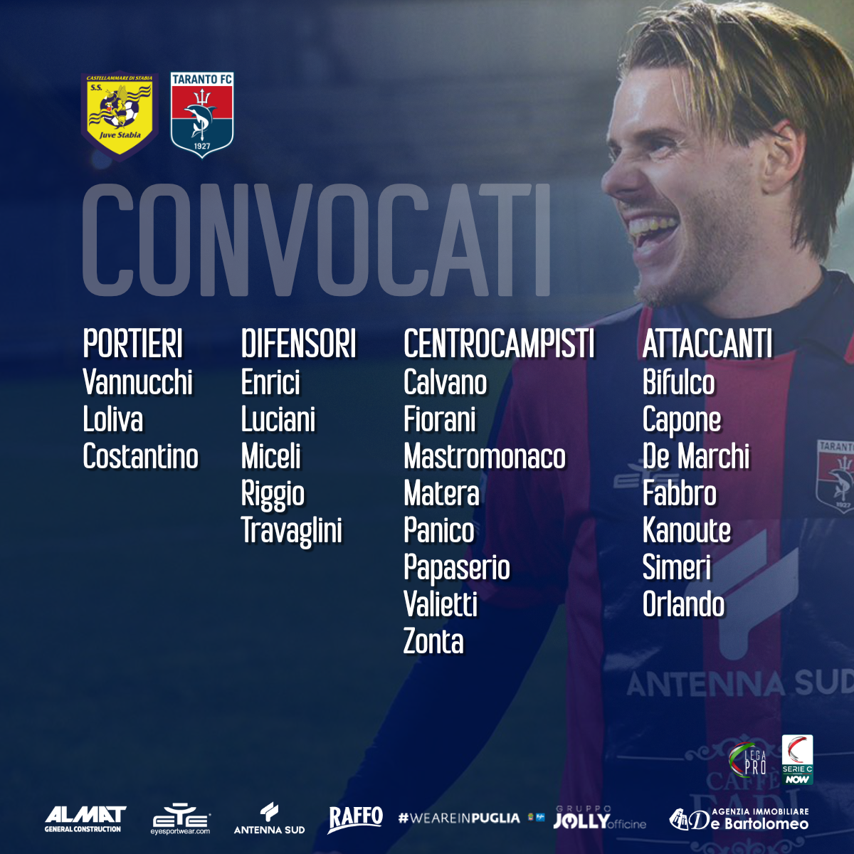 I CONVOCATI ROSSOBLÙ PER JUVE STABIA-TARANTO