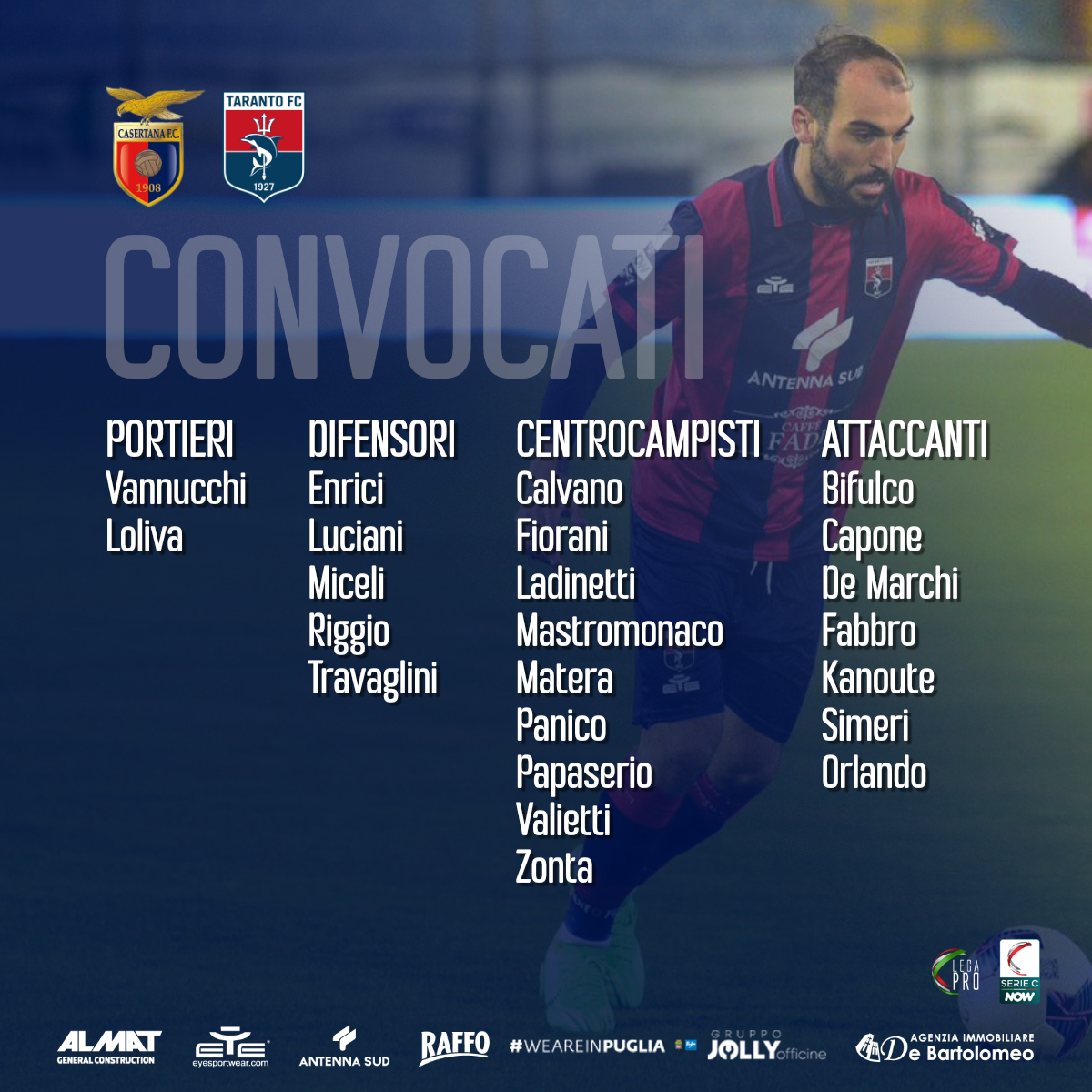 I CONVOCATI ROSSOBLÙ PER CASERTANA-TARANTO