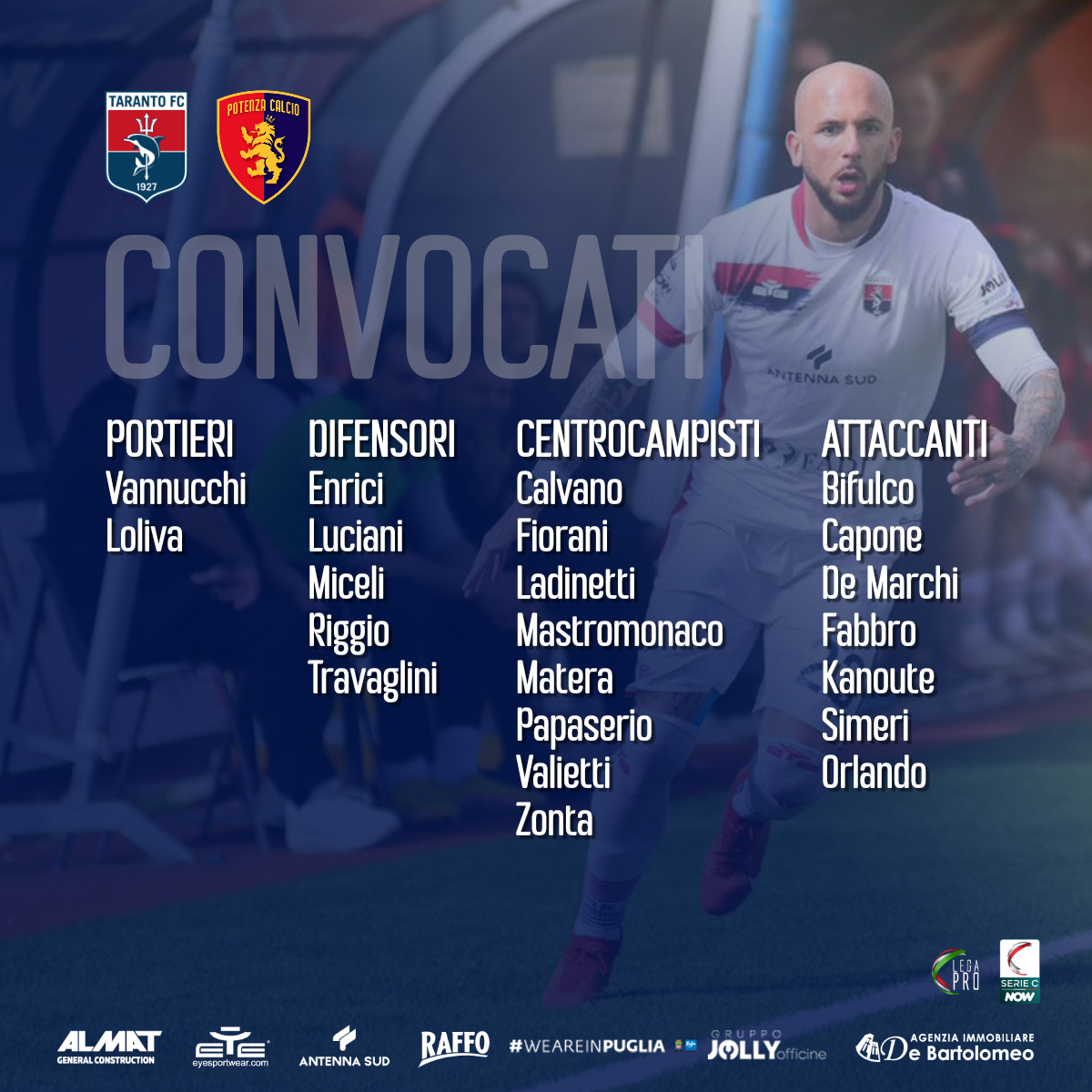 I CONVOCATI ROSSOBLÙ PER TARANTO-POTENZA