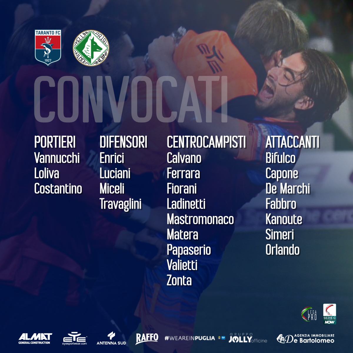 I CONVOCATI ROSSOBLÙ PER TARANTO-AVELLINO