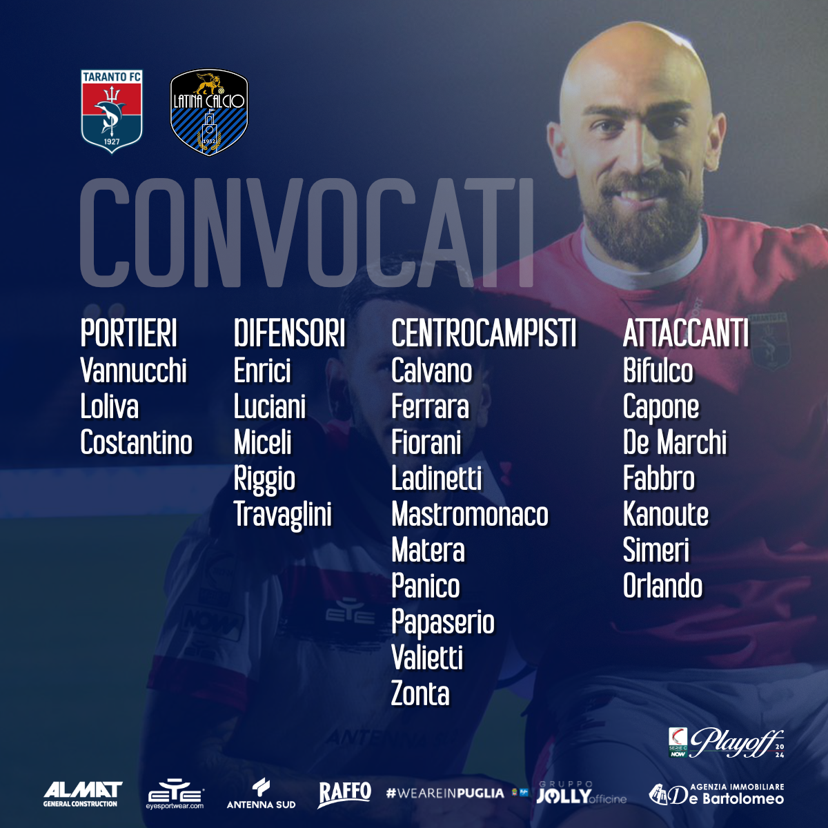 I CONVOCATI ROSSOBLÙ PER TARANTO-LATINA