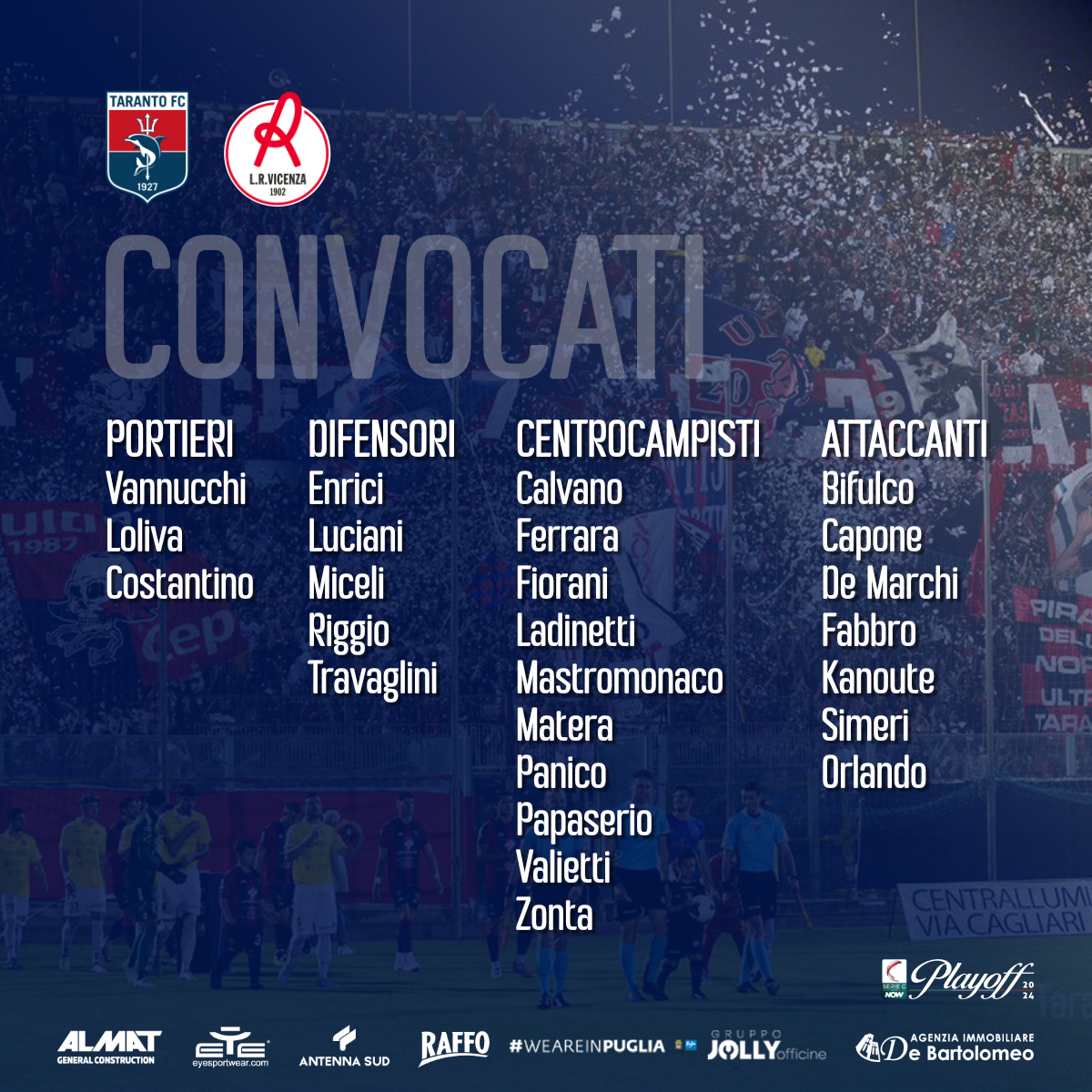 I CONVOCATI ROSSOBLÙ PER TARANTO-VICENZA