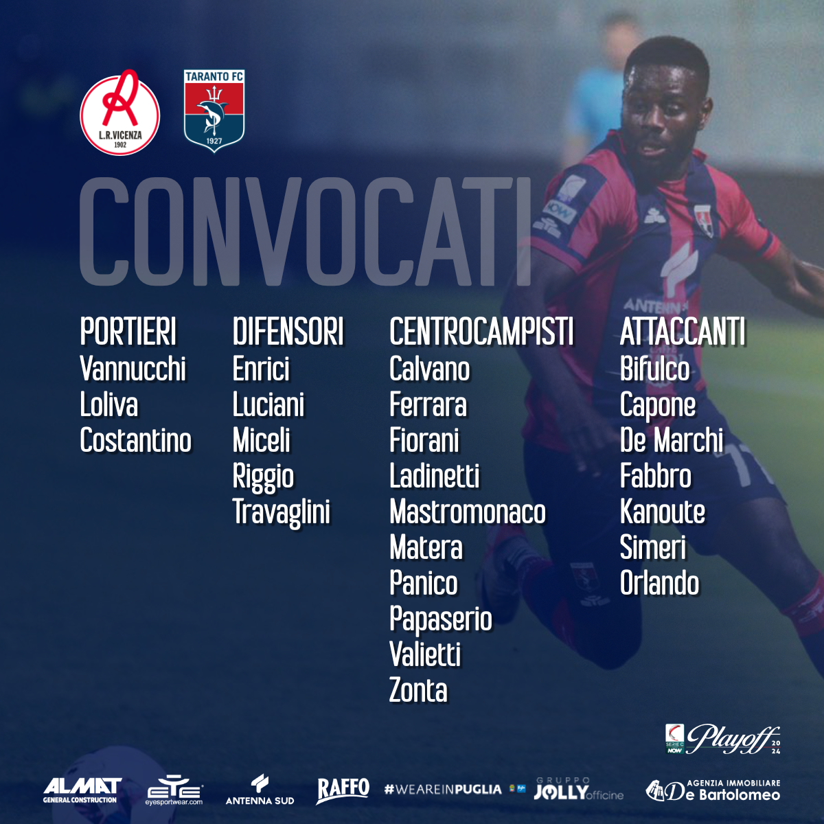 I CONVOCATI ROSSOBLÙ PER VICENZA-TARANTO